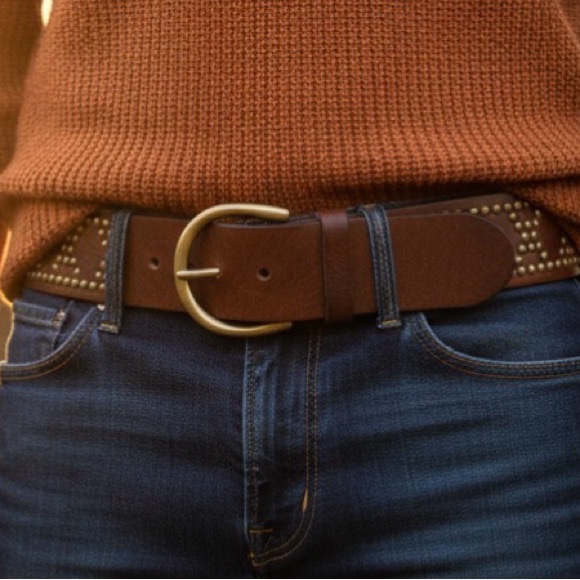 Vintage Cognac Brown Leather Belt with Gold Studs